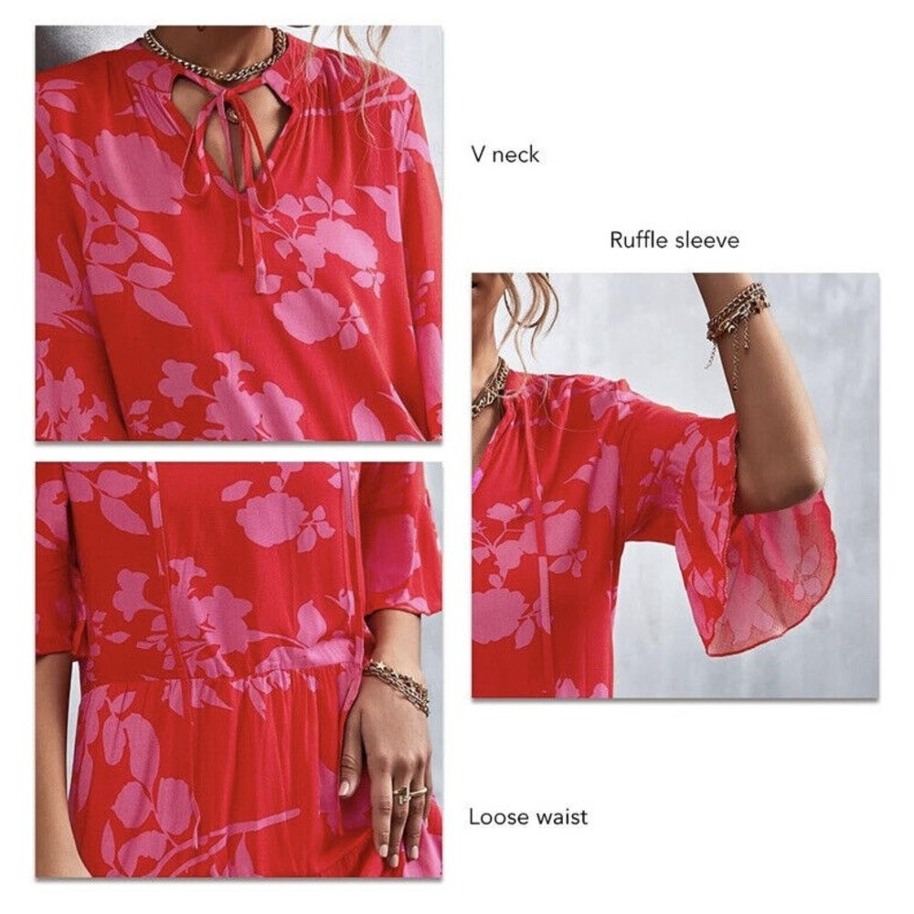 QINCAO Womens Size L ~ Loose Tiered Babydoll Ruffled Sleeve Dress ~ Coral & Pink - Picture 2 of 6